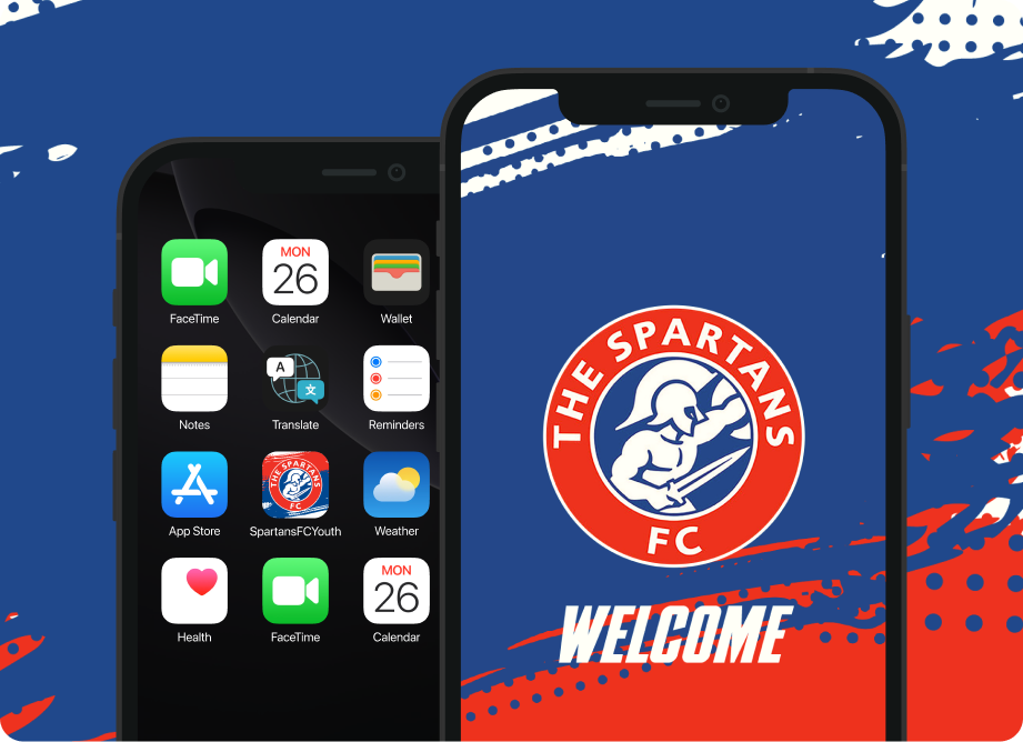 Spartans FC Community Club App installed on an iPhone, featuring the club's branded app icon and welcome screen.