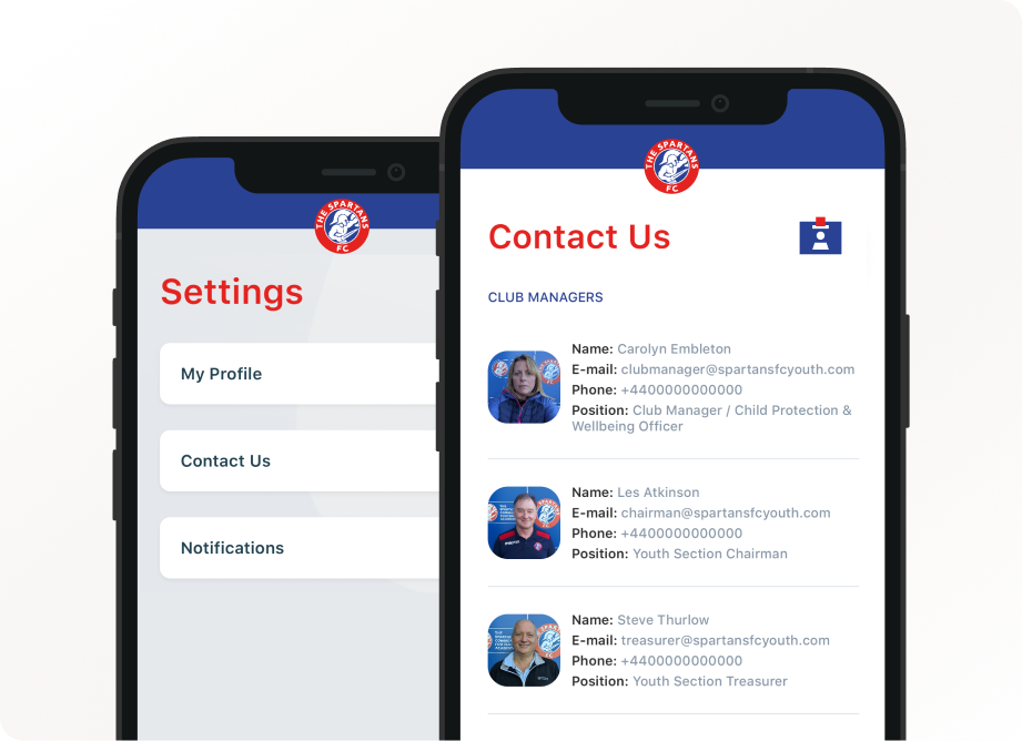 Community Club App showing Spartans FC contact directory with club managers, welfare officers and key committee contacts.