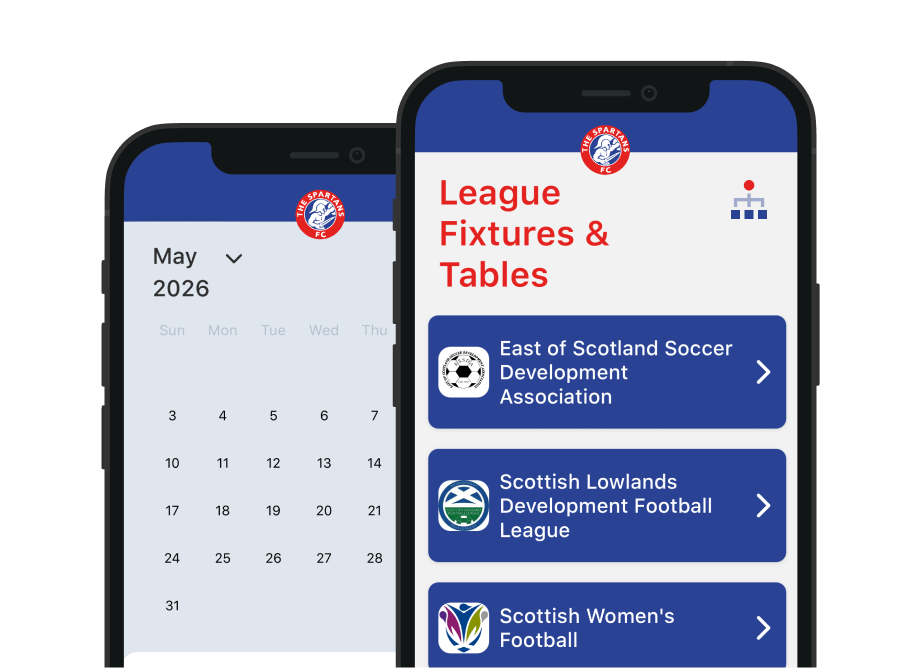 Spartans FC Community Club App displaying league fixtures, tables and competition information on a mobile phone.
